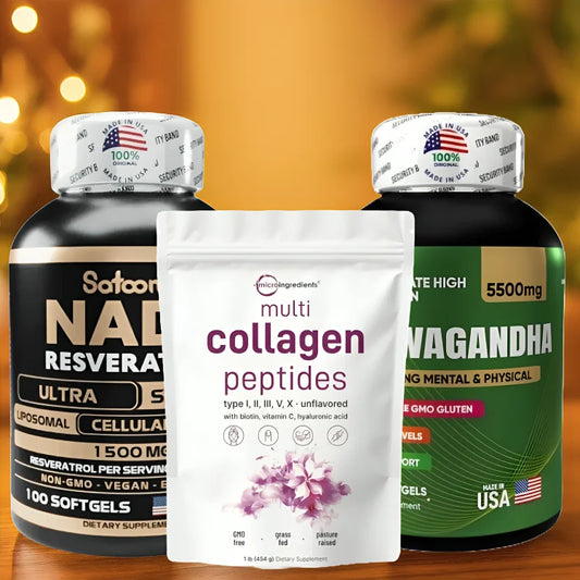 NAD+ resveratrol, Multi Colágeno y Ashwagandha